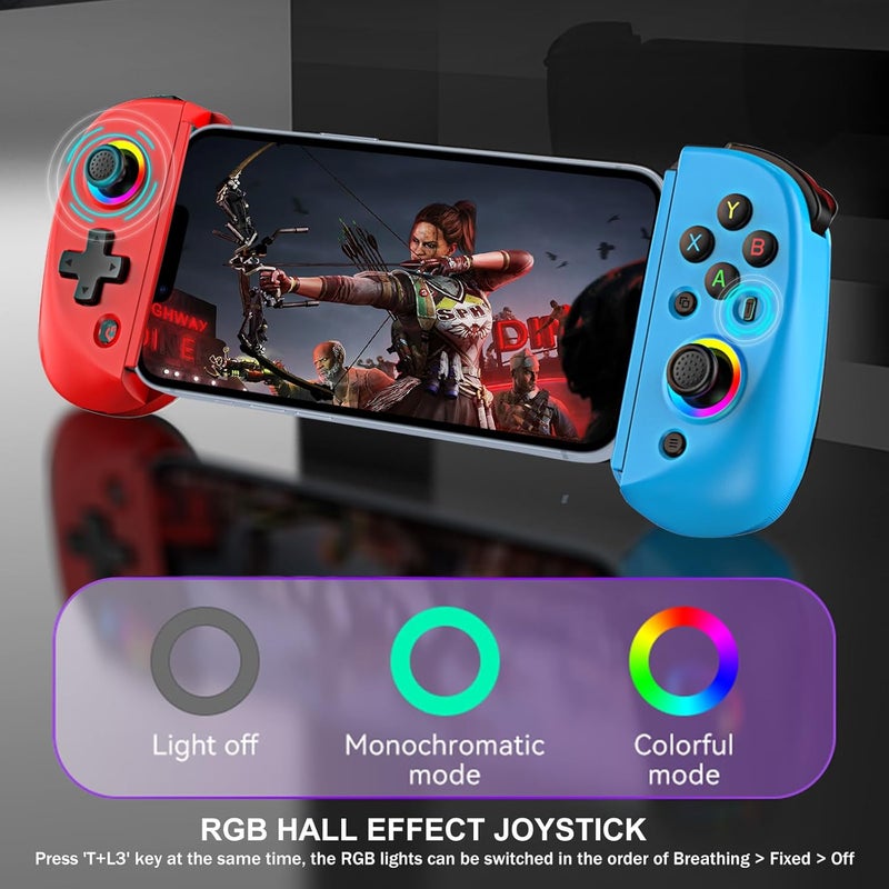 arVin Mobile Gaming Controller for Tablet/iPad[Within 5-10"] Wireless Gamepad for iPhone/Android/PC/Switch/PS4, with RGB Hall Effect Joystick/Turbo/6-Axis Gyro/Vibration/Support Streaming/Cloud Gaming - Image 3
